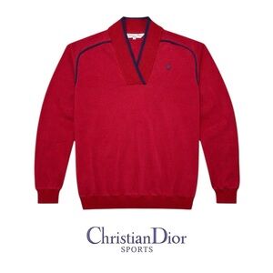 Vintage Women’s Christian Dior Sports Red and Blue V-Neck Sweater Size M